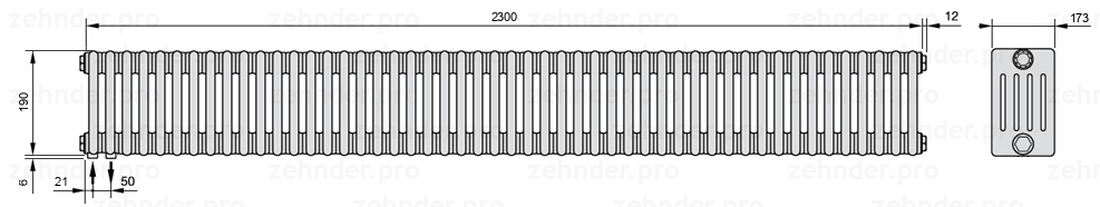 Схема (чертеж) Радиатор Zehnder Charleston 5019/50 №3370 Белый глянцевый RAL 9016